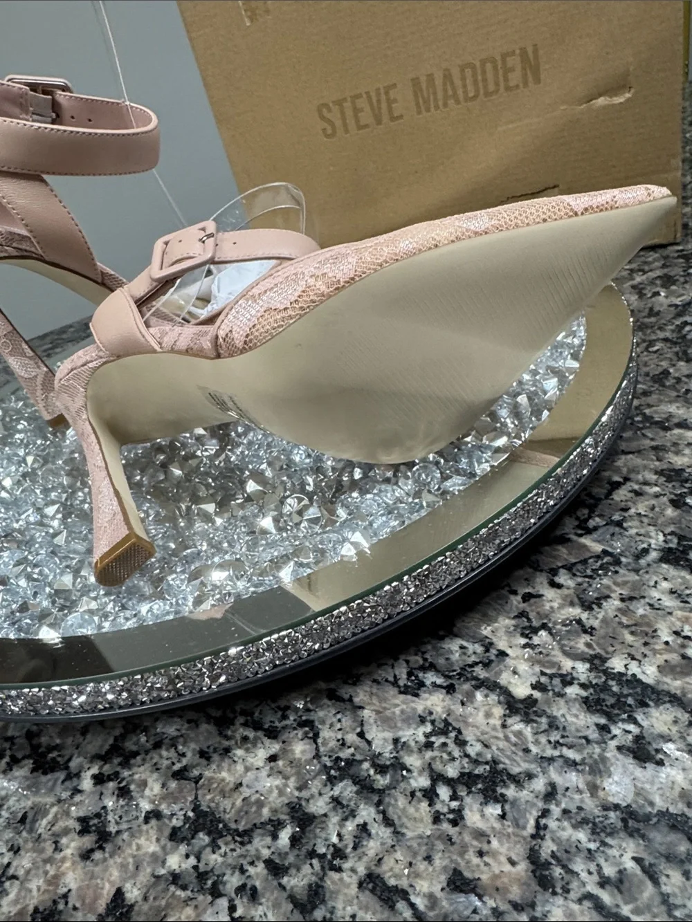 Steve Madden Sarantos mesh Nude Blush Lace Pointed-Toe Ankle Strap Heels NEW 7 - Picture 12 of 16